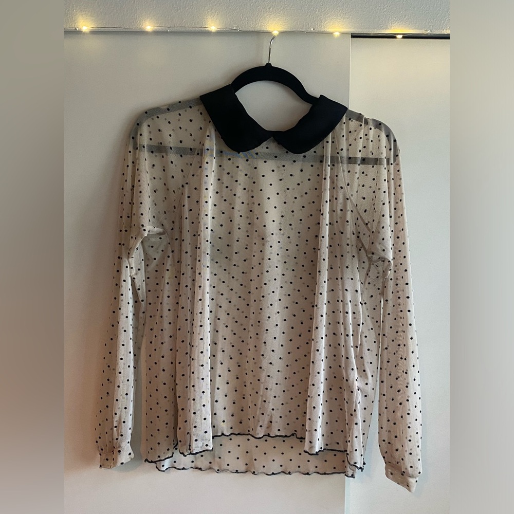 Cooperative Sheer Polka Dot Blouse with Velvety Collar | Size XS
